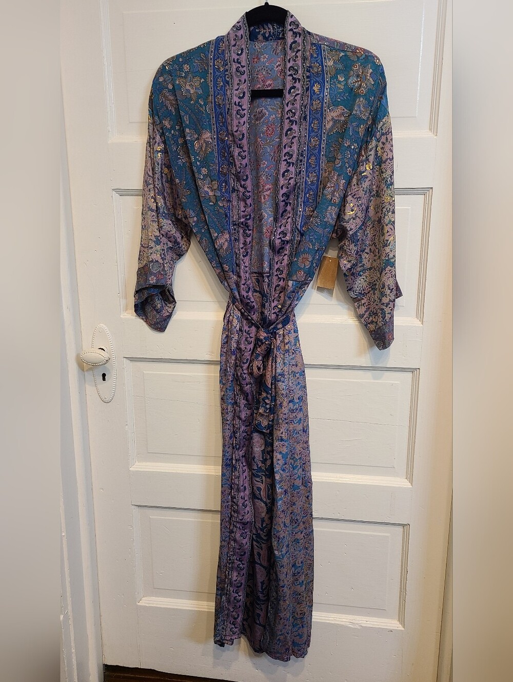 Bohemian Floral Satin Kimono Duster Robe in Teal & Lavender